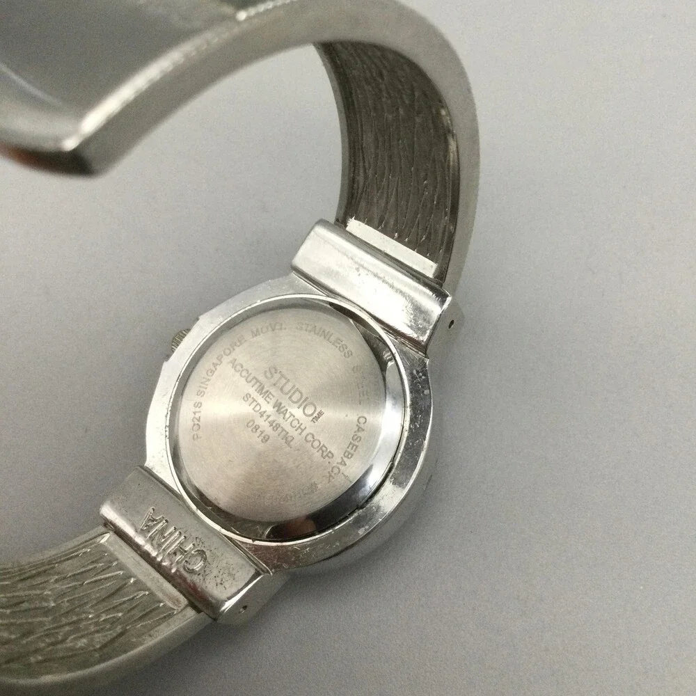 Studio Womens Watch 32mm Crystal Bezel Open Cuff Silver Tone Inlay New Battery